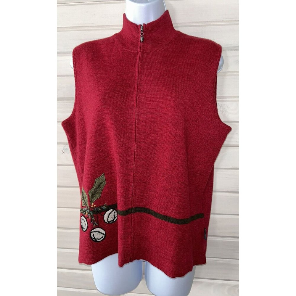 VTG Woolrich Sz MEDIUM Red Full Zip Sleeveless Cardigan Sweater Vest Holly EUC